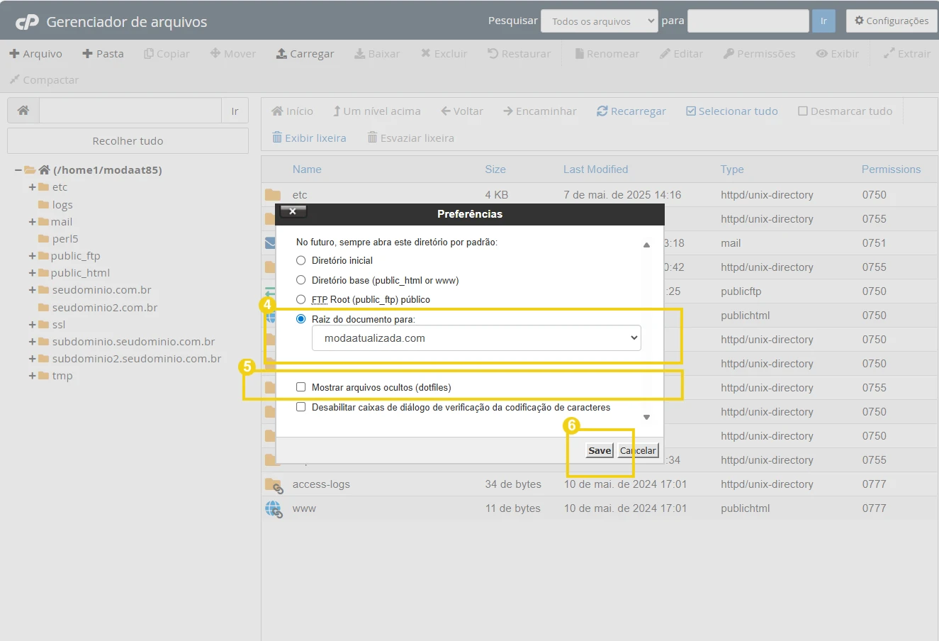 Documento de parâmetros de gerenciamento de arquivos em servidor Linux, mostrando em preferências as configurações de raiz do documento, mostrar arquivos ocultos e salvamento.