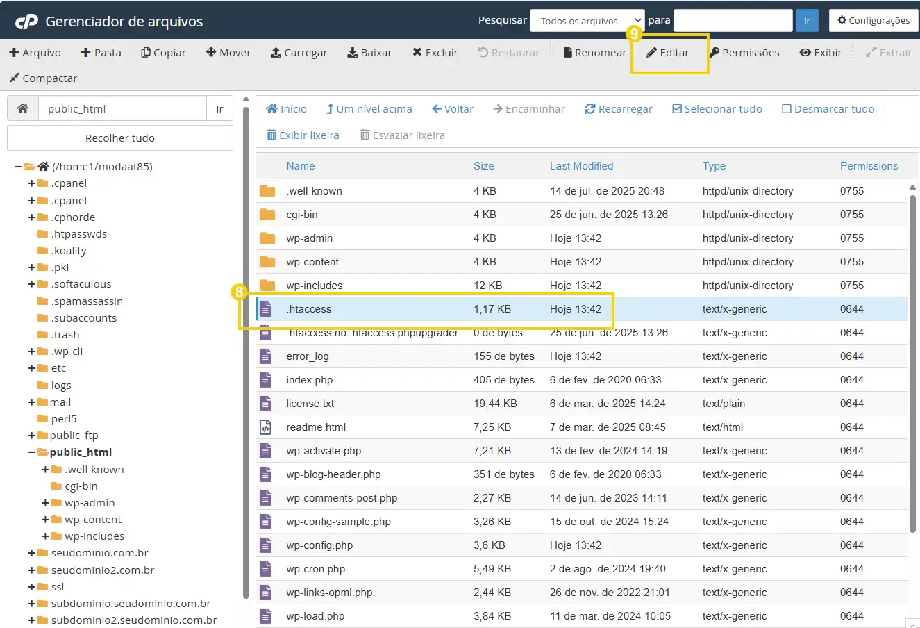 Imagem de uma tela de gerenciamento de arquivos com destaque para o arquivo .htaccess no servidor, essencial para configurações de segurança e roteamento via arquivos de configuração e para a opção editar do cPanel