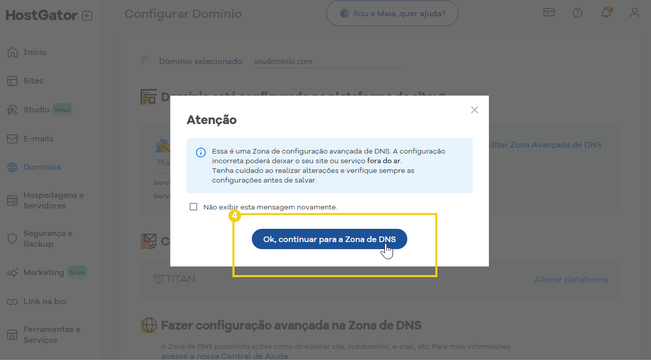 Imagem mostrando a interface do painel de configuração de DNS na plataforma HostGator, com foco na opção de continuidade na Zona de DNS.