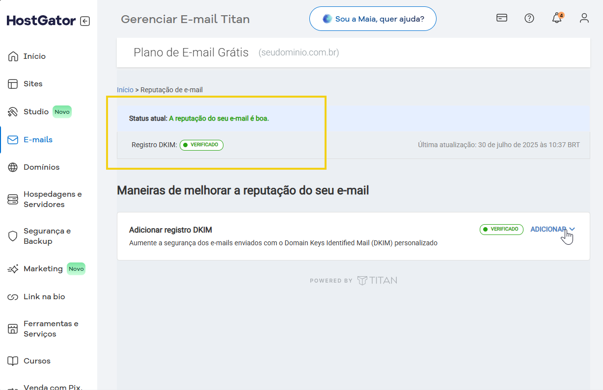 Tela do painel do Gerenciar E-mail Titan exibindo status de reputação do e-mail e opção de adicionar registro DKIM para melhorar a reputação do seu e-mail no HostGator.