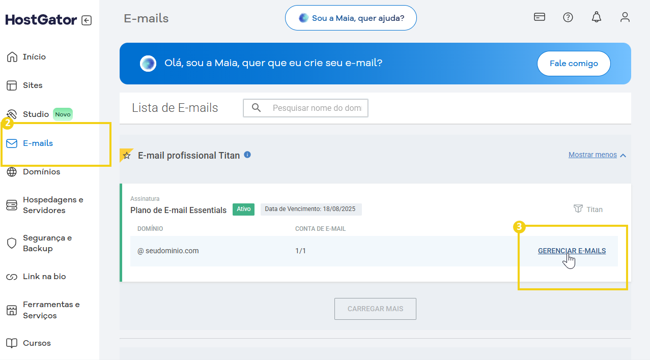Captura de tela do painel de e-mails do HostGator, mostrando a opção de gerenciar e-mails no painel de controle.