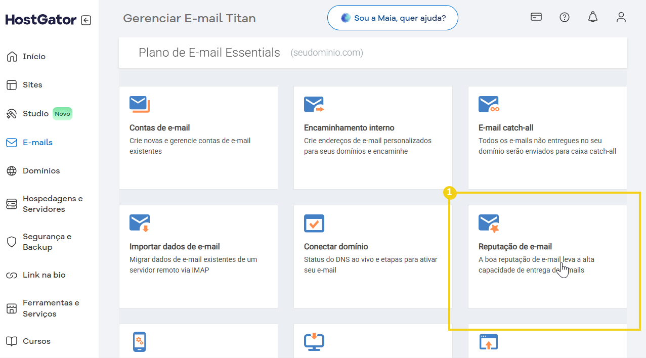 Imagem de painel no HostGator mostrando opções de gerenciamento de e-mail, incluindo reputação de e-mail, que melhora a entregabilidade na plataforma de hospedagem.