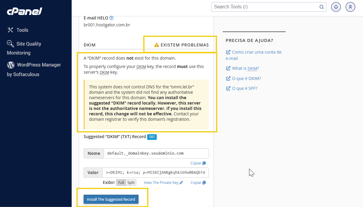 Tela de erro do cPanel mostrando problemas na configuração do DKIM, indicando problemas na assinatura do domínio e opções para instalar o registro sugerido.