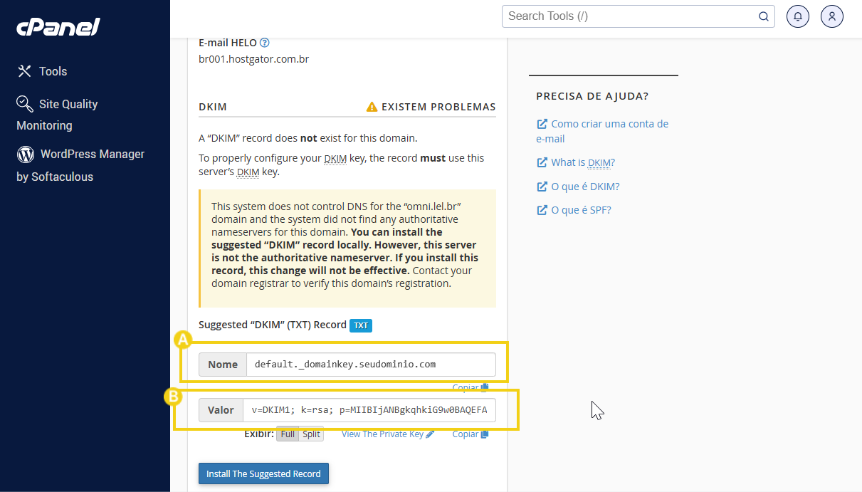 Imagem mostrando o painel do cPanel com instruções para a configuração do registro DNS DKIM, incluindo campos para o nome e valor do registro.