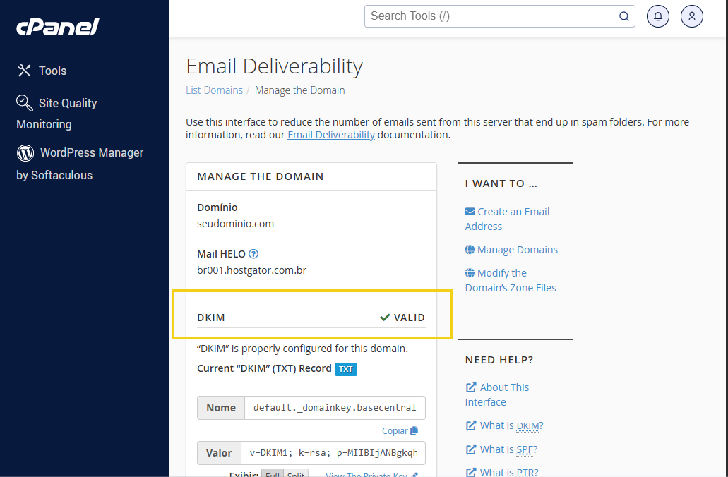 Captura de tela de gerenciamento de domínio com configuração do DKIM no cPanel, importante para melhorar a entregabilidade de e-mails.