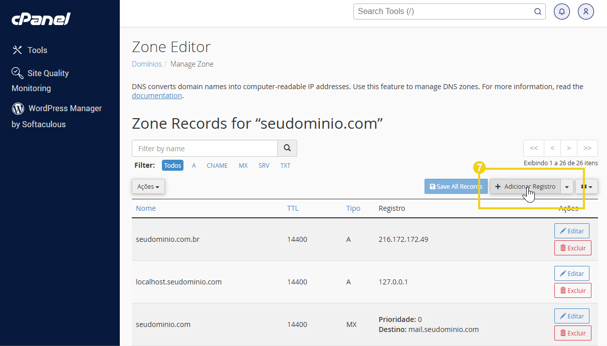 Tela do cPanel mostrando gerenciamento de registros DNS, incluindo adição de novos registros e configurações de DNS para domínio indexado.