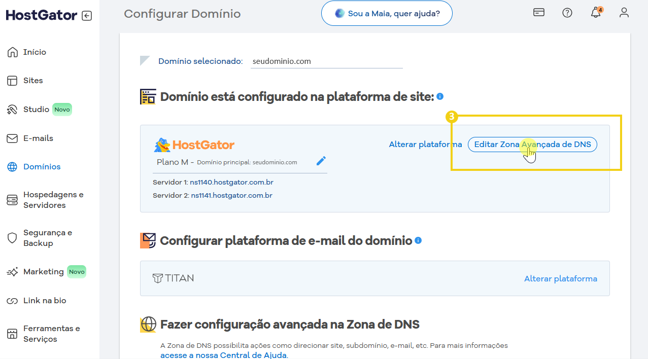 Tela de configuração do domínio na plataforma HostGator, mostrando opções de edição e gerenciamento de DNS e e-mail de domínio.