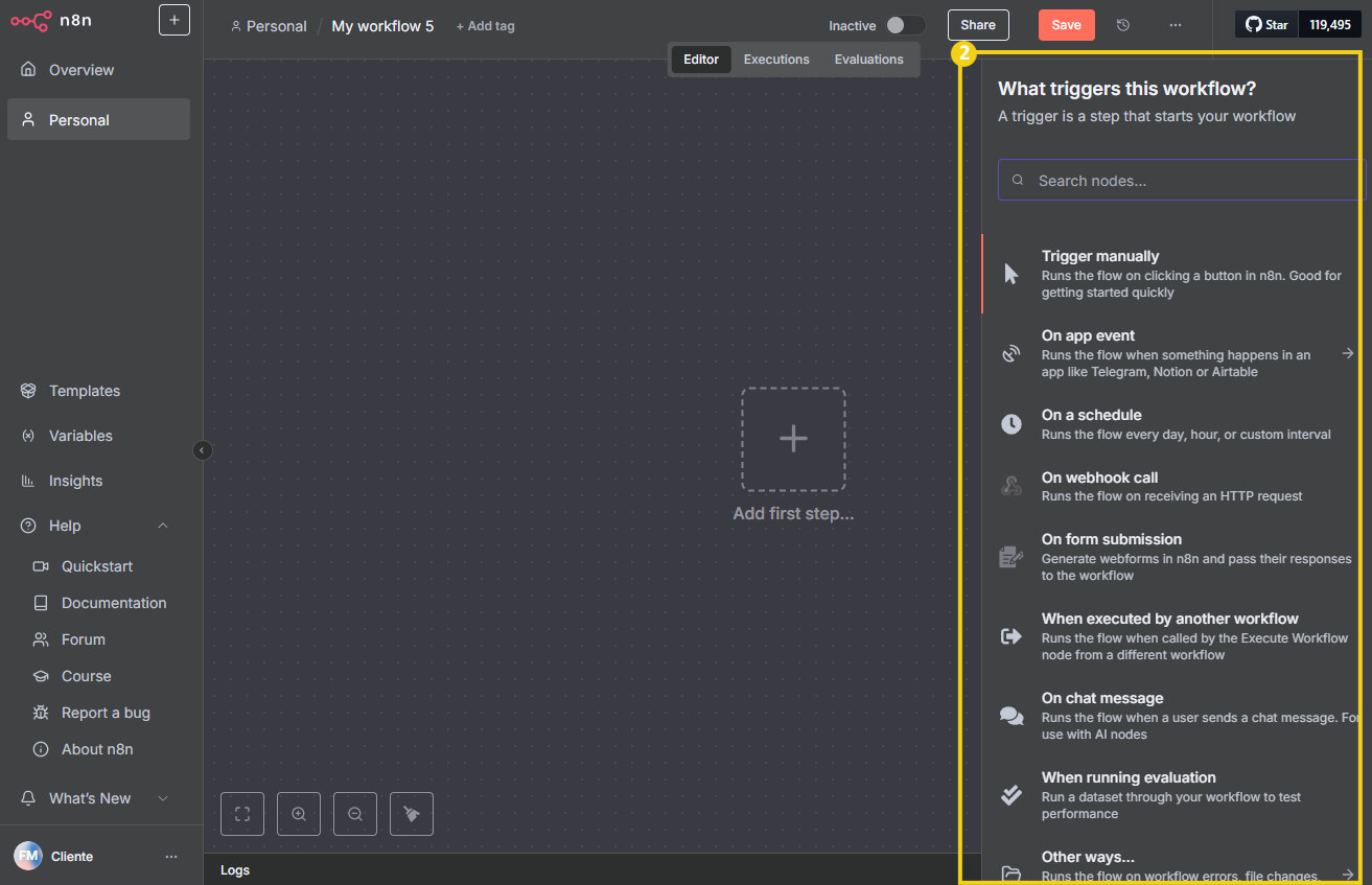 Imagem de uma interface do software n8n mostrando opções para configurar gatilhos em fluxo de trabalho automatizado.