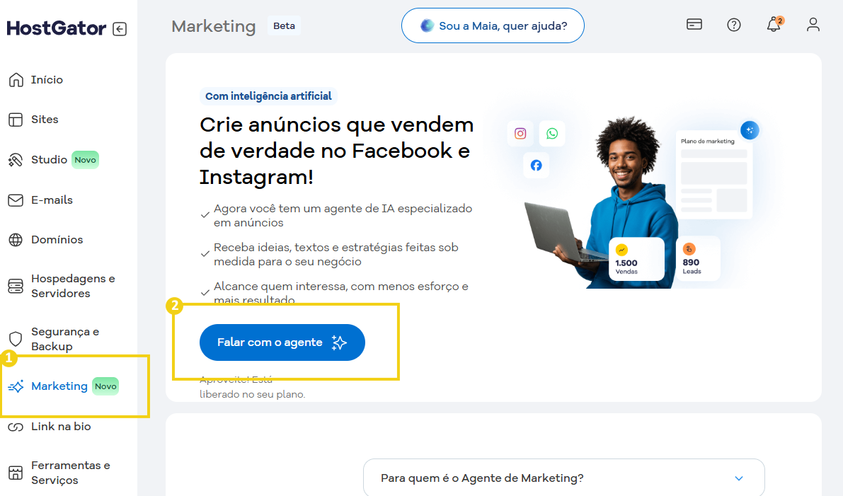 Imagem de uma plataforma de marketing digital no HostGator com ênfase em anúncios que vendem no Facebook e Instagram, apresentando recursos como inteligência artificial e geração de leads, com destaque para o botão 'Falar com o agente'.