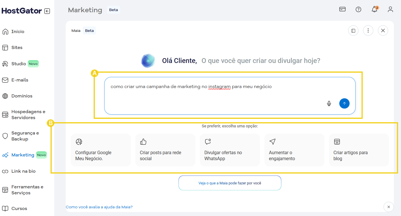 Tela de marketing digital no HostGator mostrando opções para criar campanhas no Instagram, postar no WhatsApp, divulgar ofertas e criar artigos para blog.