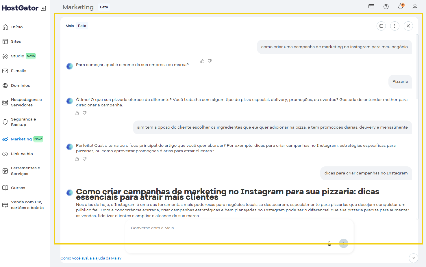 Imagem de uma tela de computador mostrando um artigo sobre como criar campanhas de marketing no Instagram para pizzarias, com foco em atrair clientes e aumentar vendas.