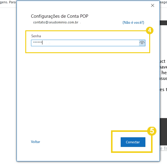 Imagem mostra a tela do Outlook com o campo para inserir a senha e a marcação no botão "Conectar", onde deve ser clicado