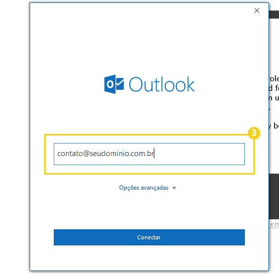 Imagem mostra a tela do Outlook com o campo para adicionar a conta de e-mail