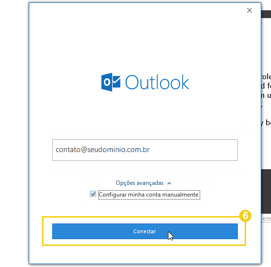 Imagem mostra a tela do Outlook com a marcação no botão "Conectar", onde deve ser clicado