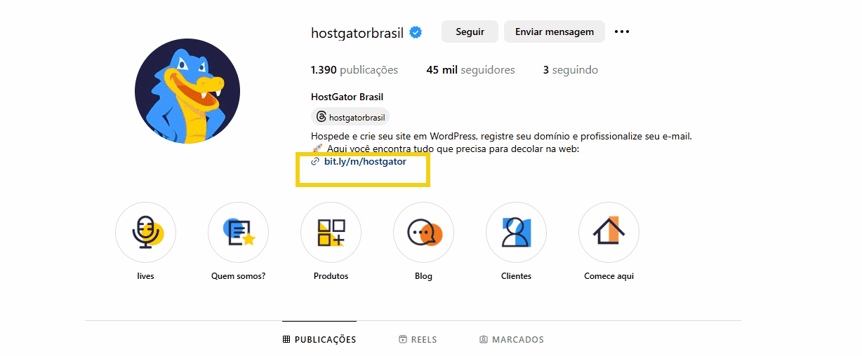 imagem do perfil do Instagram do HostGator Brasil, destacando o link na bio gerado de forma gratuita pelo Portal do Cliente.