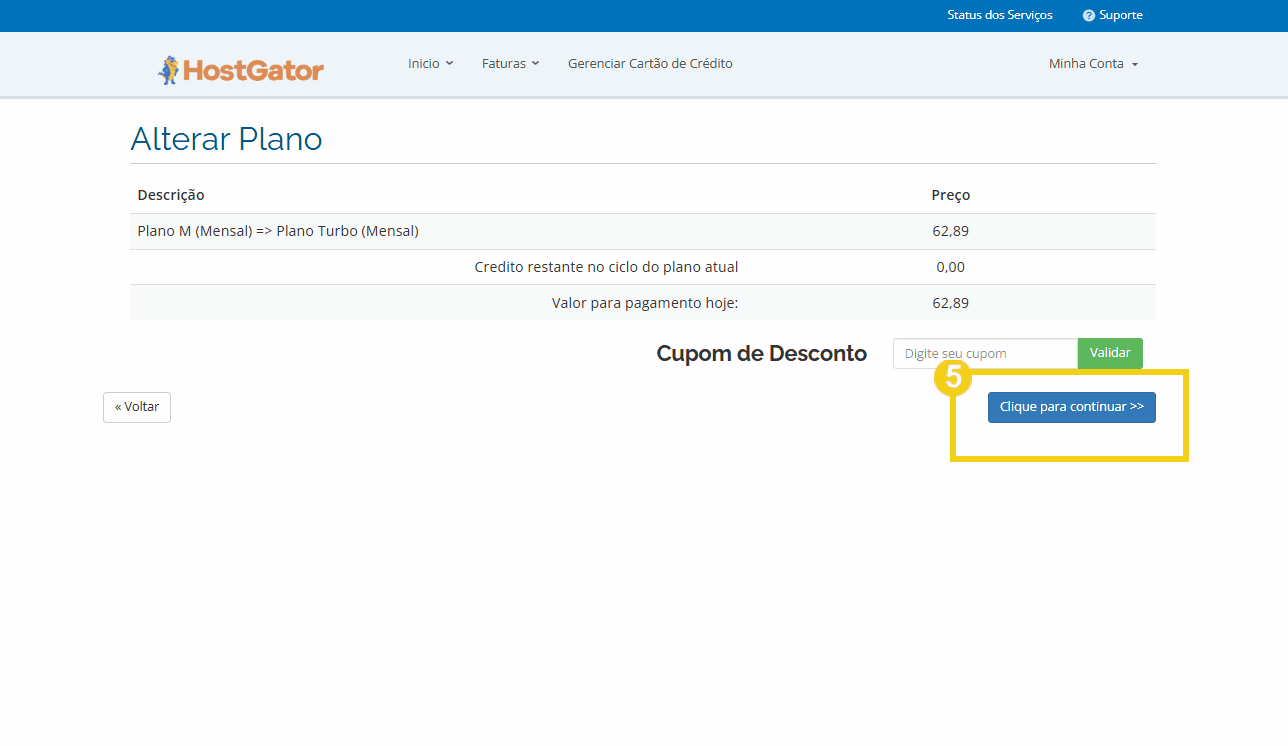 Tela de gerenciamento de planos no HostGator mostrando opções de alteração e pagamento de assinatura de hospedagem de site