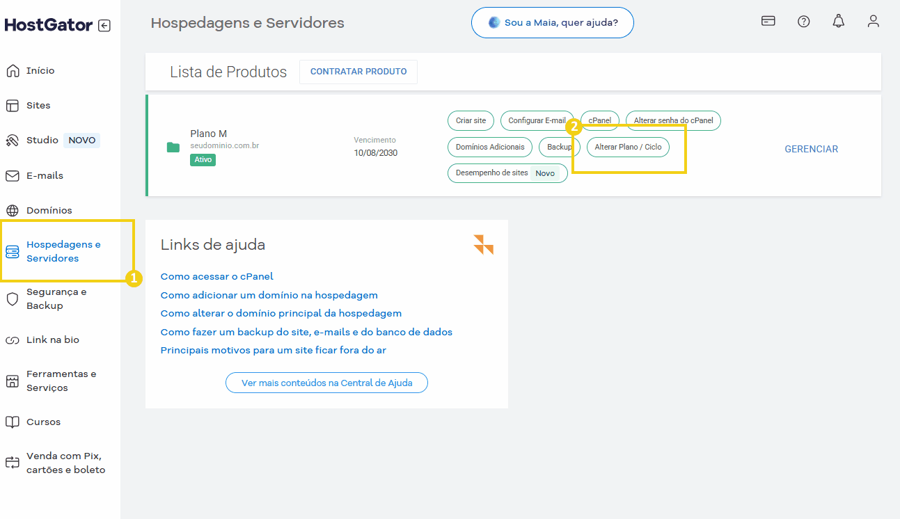 Tutorial passo a passo de como alterar o plano do serviço de hospedagem no cPanel do HostGator, incluindo acessar configurações e opções de ciclo de faturamento