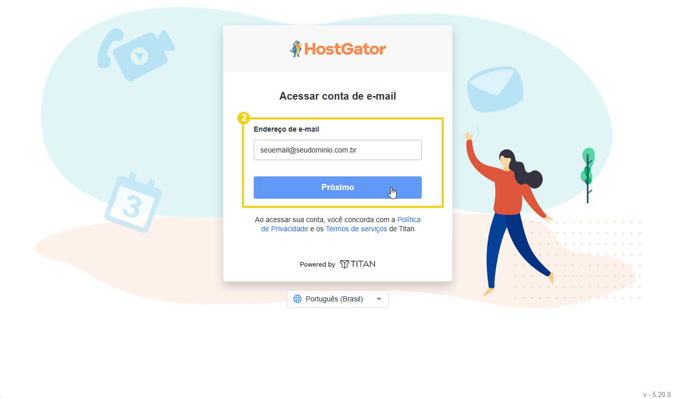 Imagem mostra a tela de login do Titan para adicionar o endereço de e-mail