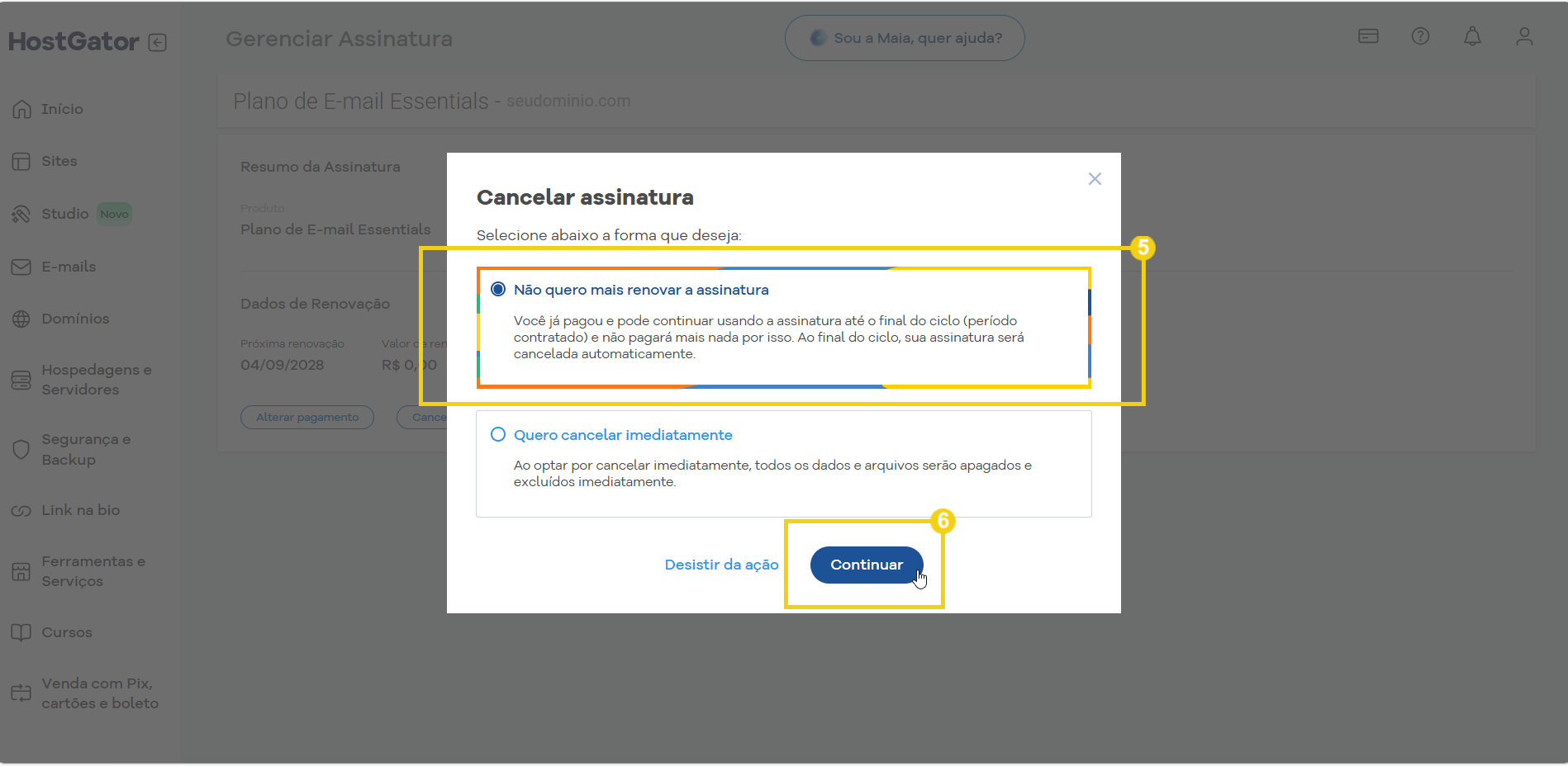 Imagem ilustrativa de cancelamento de assinatura do serviço de gerenciamento de assinatura, com opções para renovar ou cancelar imediatamente