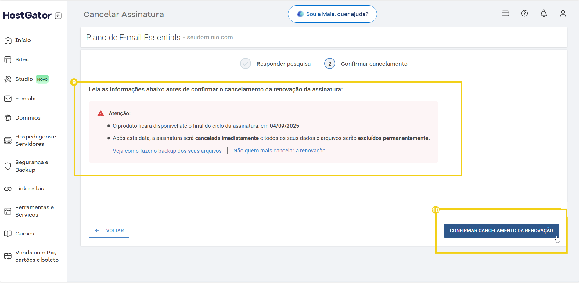 Imagem de uma tela de confirmação de cancelamento de assinatura na plataforma HostGator, com foco no botão "Confirmar Cancelamento da Renovação" em destaque.