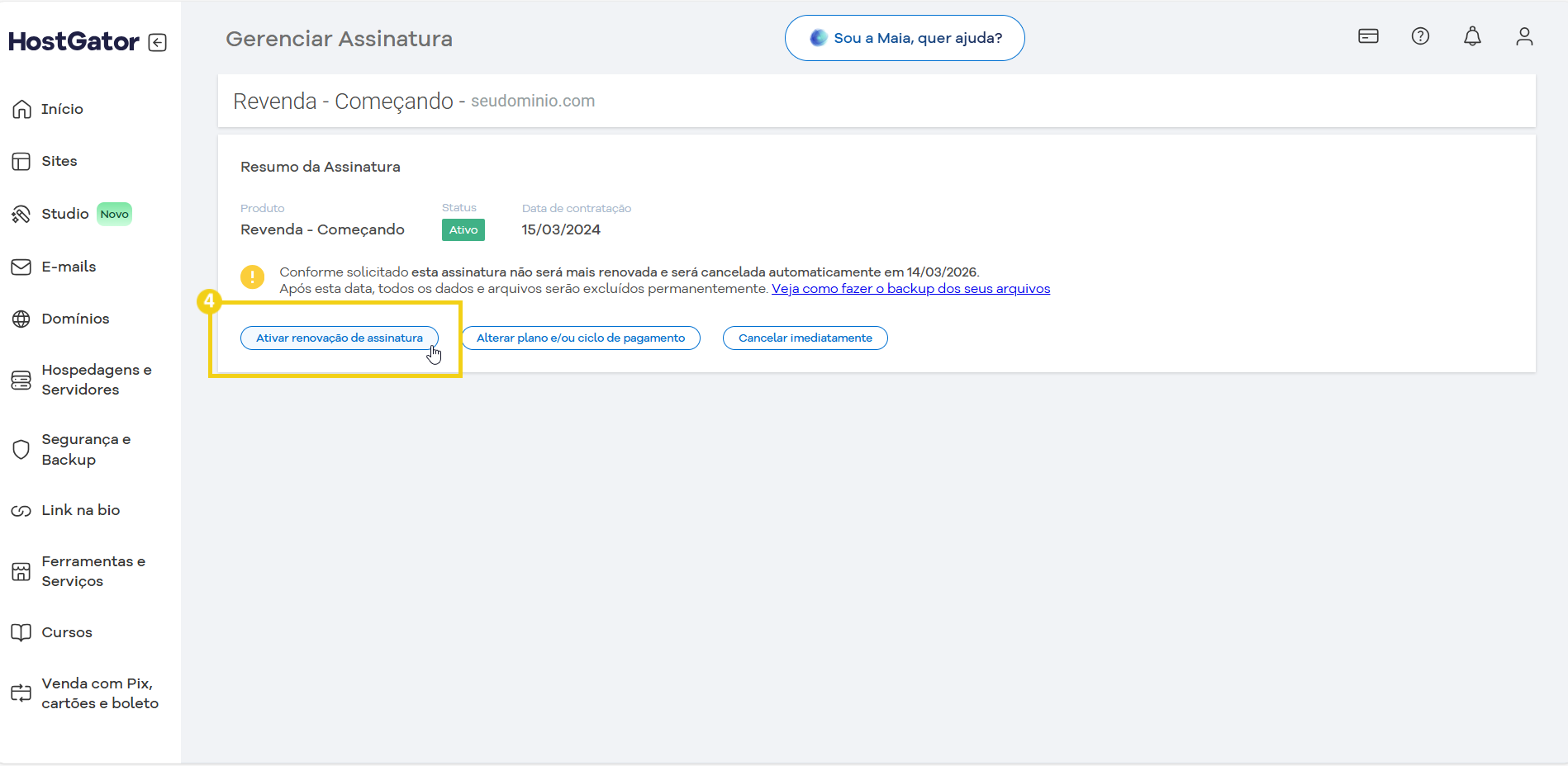 Tela de gerenciamento de assinatura na plataforma HostGator, exibindo opções para ativar renovação automática e plano de pagamento.
