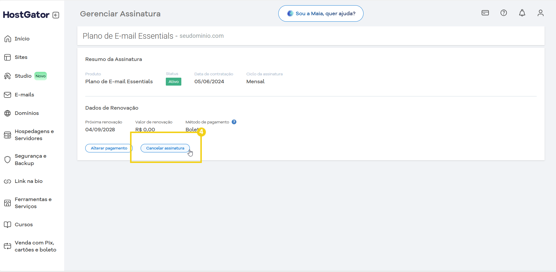 Tela de gerenciamento de assinatura no painel do HostGator com destaque para a opção de cancelar assinatura de plano de e-mail