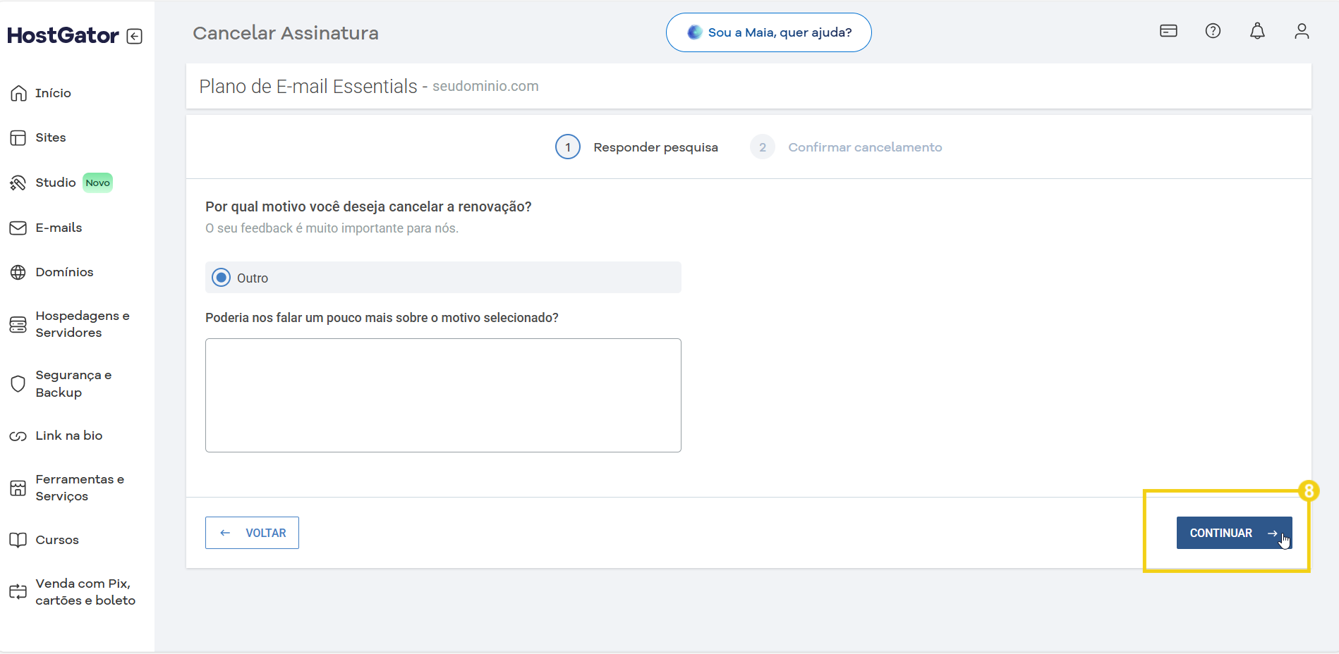 Tela de plataforma de email mostrando opções de cancelamento de assinatura no HostGator