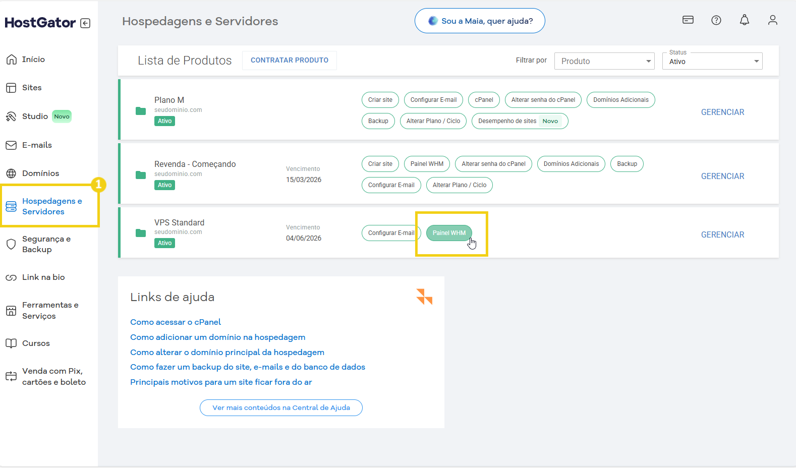 Imagem mostra a tela do Portal do Cliente, na aba Hospedagens e Servidores, com a marcação no botão Painel WHM