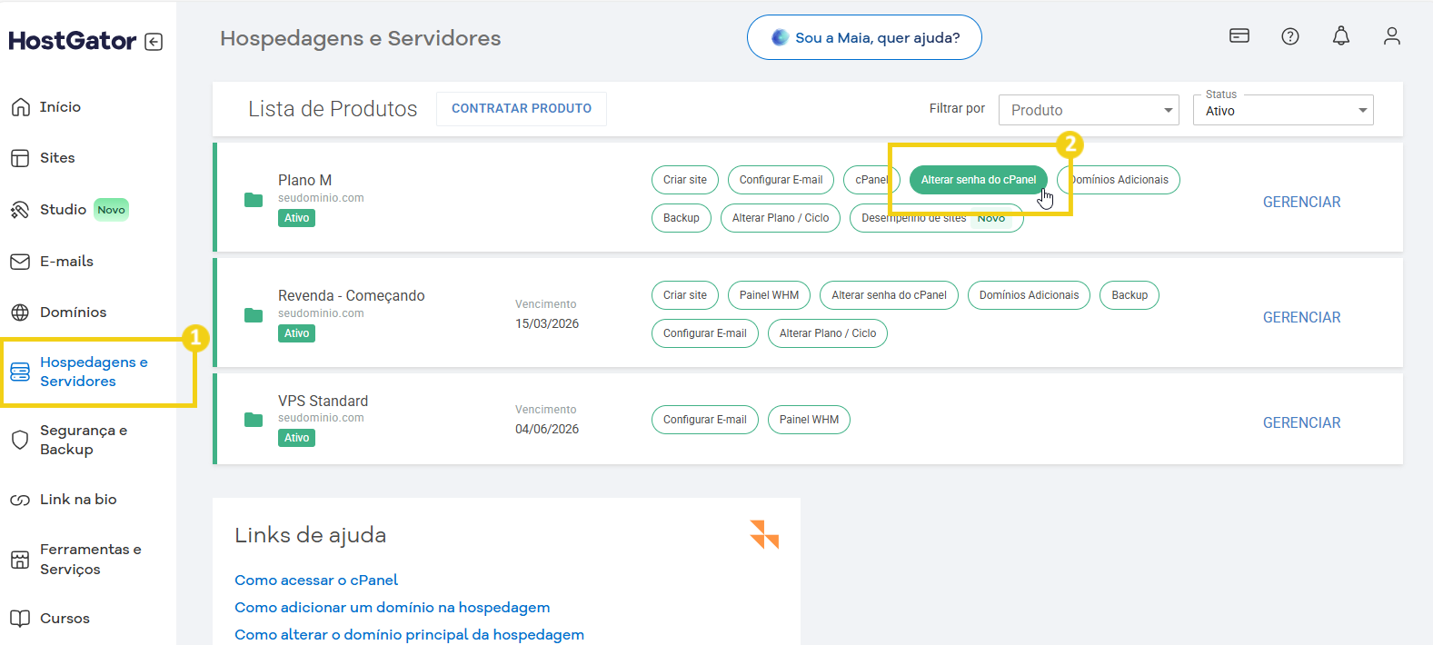 Tela da plataforma HostGator mostrando opções de gerenciamento de hospedagens e servidores, com destaque na seção de alterar senha do cPanel.