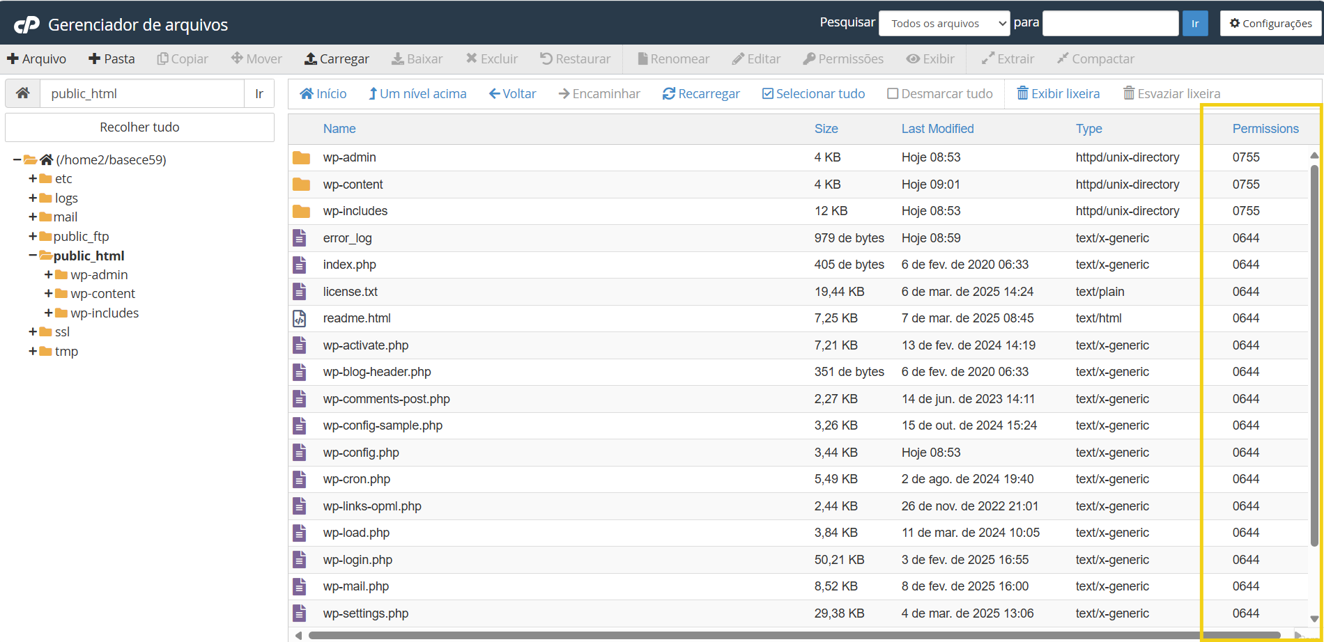 Imagem mostra a tela do gerenciador de arquivos do cPanel com a lista de permissões