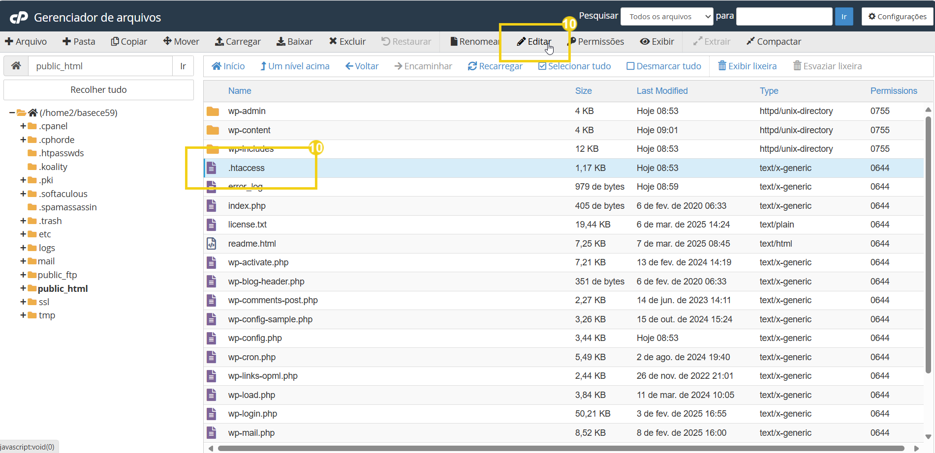 Imagem mostra a tela do cPanel em Gerenciador de arquivos, no documento ".htaccess" e no botão "Baixar"