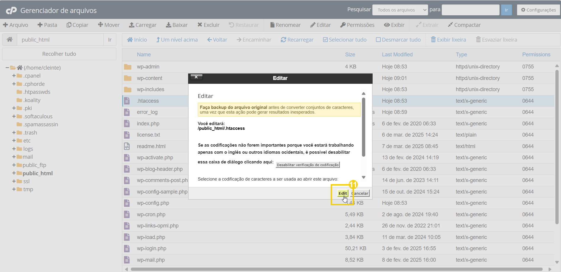 Imagem mostra a tela do cPanel em Gerenciador de arquivos, com a marcação no botão "Edit"