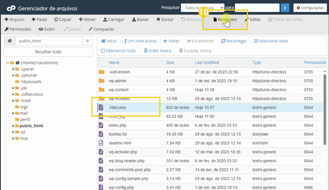 Imagem mostra a tela do cPanel em Gerenciador de arquivos, no documento ".htaccess" e no botão "Renomear"