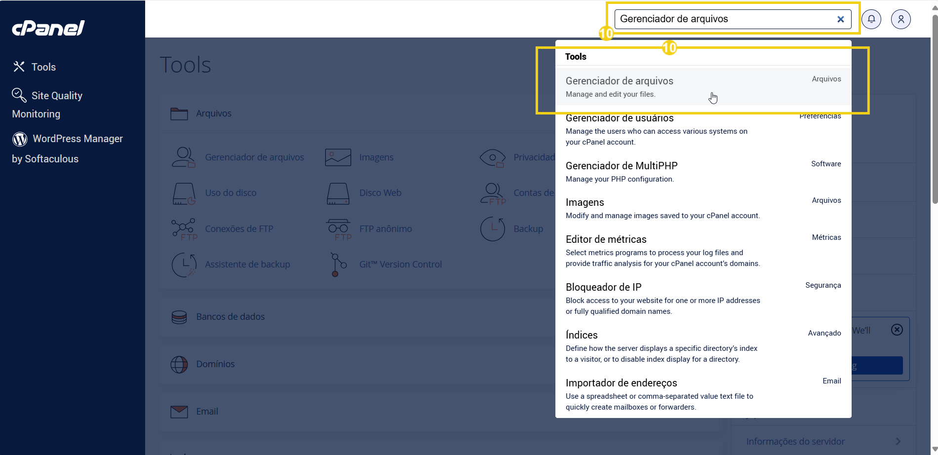 Imagem mostra a tela do cPanel para no campo de busca procurar por Gerenciador de arquivos e clicar na opção encontrada