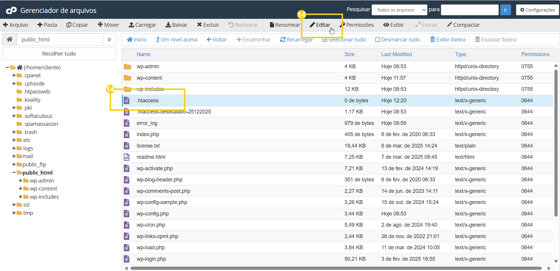 Imagem mostra a tela do cPanel em Gerenciador de arquivos, no documento ".htaccess" e no botão "Editar"