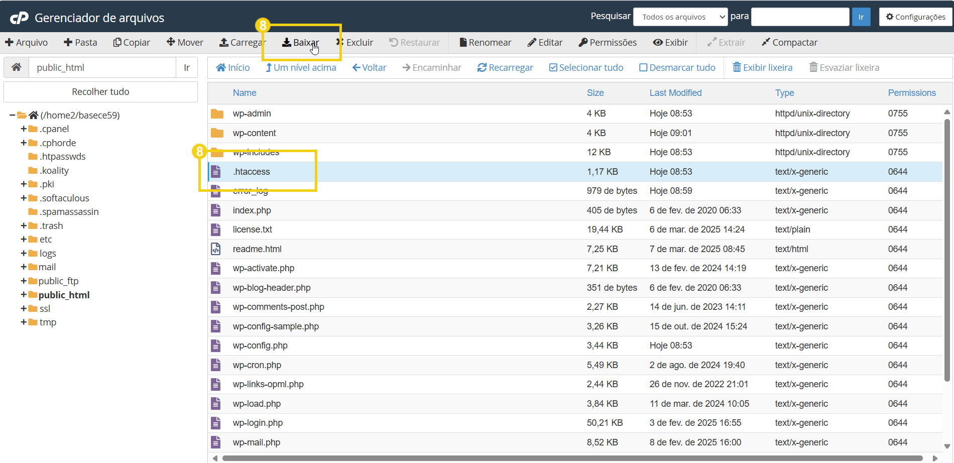 Imagem mostra a tela do cPanel em Gerenciador de arquivos, com a marcação em ".htaccess" e no botão "Baixar"