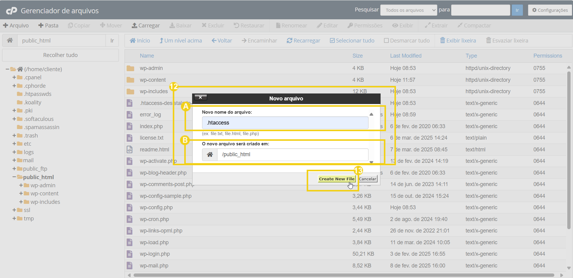 Imagem mostra a tela do cPanel em Gerenciador de arquivos, como preencher os campos sobre o arquivo .htaccess