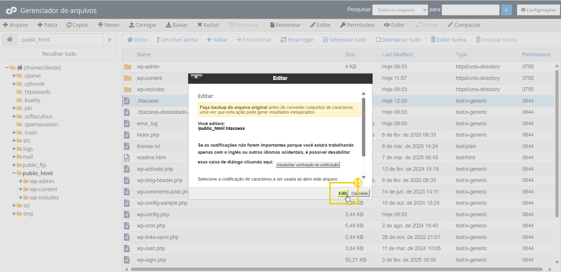 Imagem mostra a tela do cPanel em Gerenciador de arquivos, com marcação no botão "Edit"