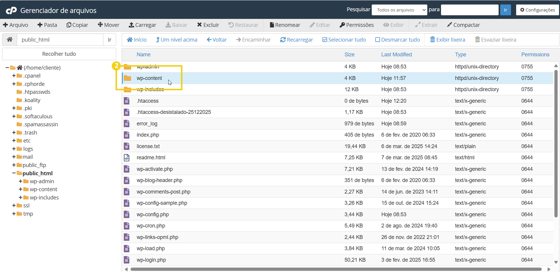 Imagem mostra a tela do cPanel em Gerenciador de arquivos, com marcação no arquivo "wp-content"