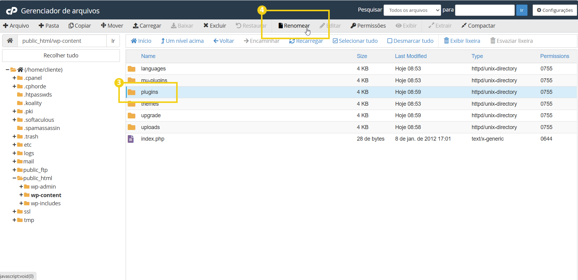 Imagem mostra a tela do cPanel em Gerenciador de arquivos, na pasta "plugins" e no botão "Renomear"