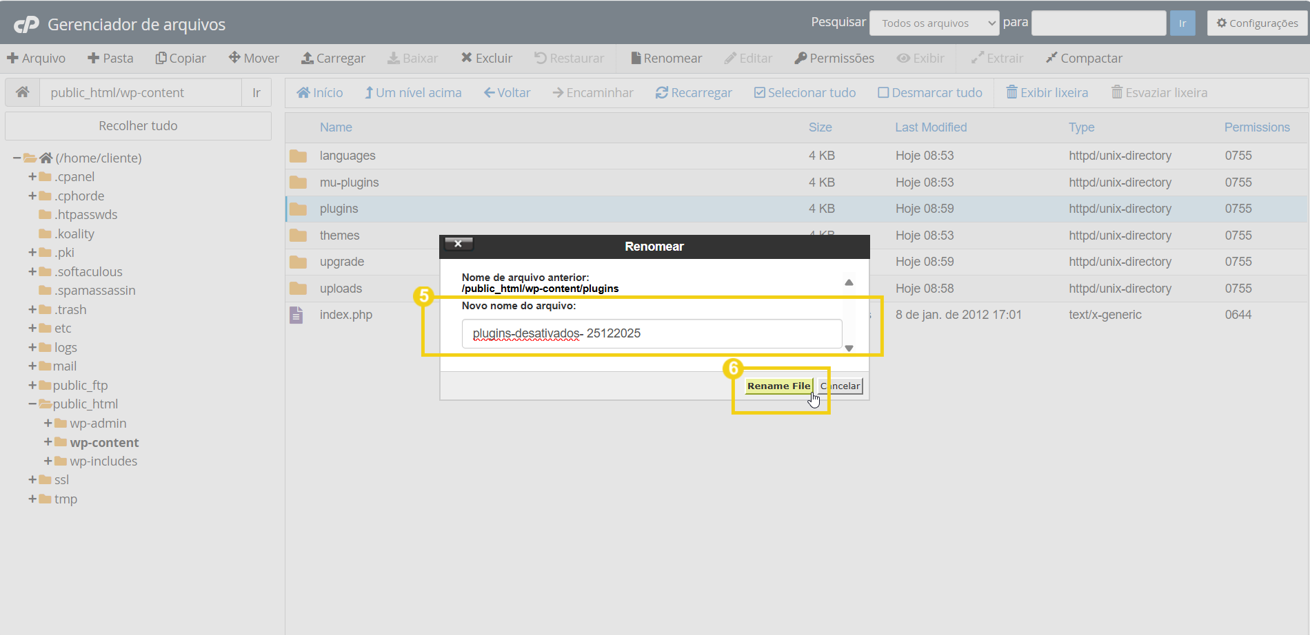 Imagem mostra a tela do cPanel em Gerenciador de arquivos, na janela "renomear" a marcação no botão "Renomear file"