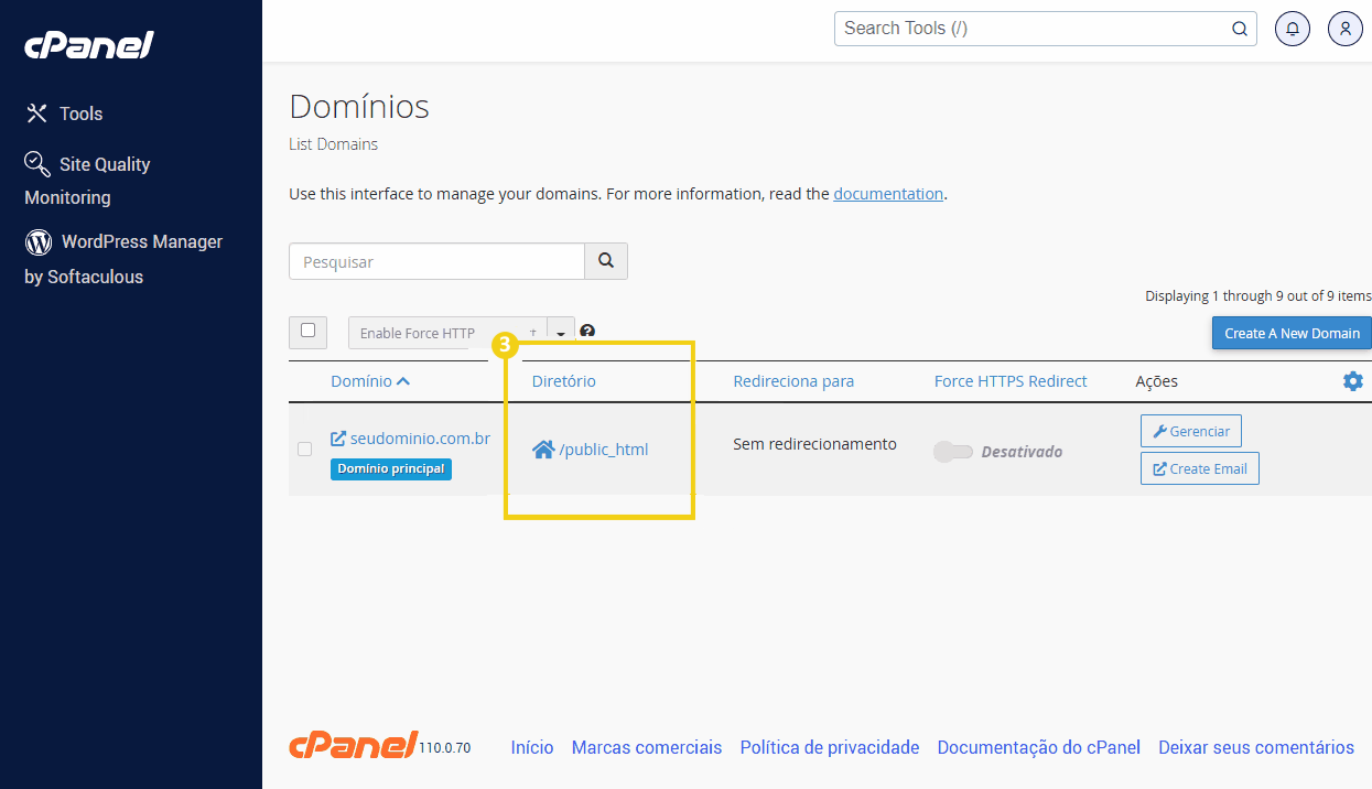 Listagem de domínio no painel cPanel com destaque na pasta public_htm, diretório vinculado ao domínio
