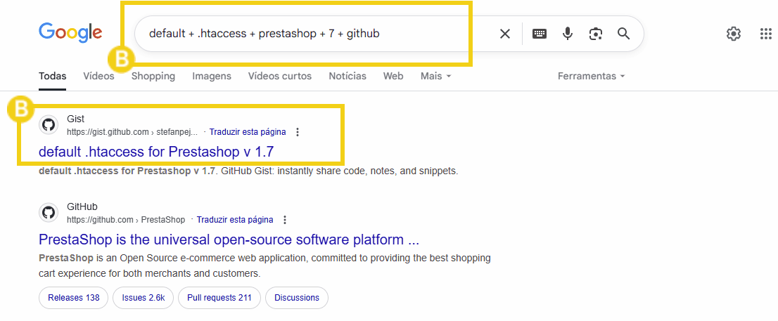 Imagem da tela de pesquisa do Google com a palavra-chave 'default .htaccess + prestashop + 7 + github' e o retorno do navegador