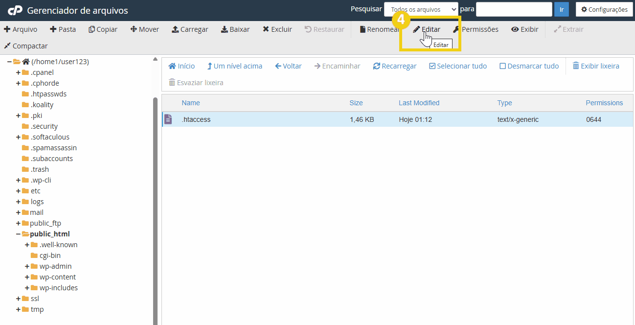 Imagem de um painel de gerenciamento de arquivos no cPanel, mostrando a edição de um arquivo .htaccess
