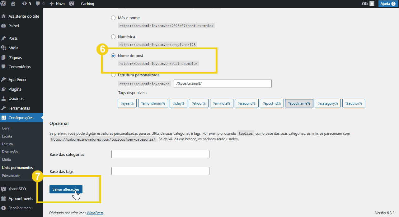 Imagem de uma tela de configuração de links permanentes no painel do wordpress, com destaque para salvar as alterações realizadas
