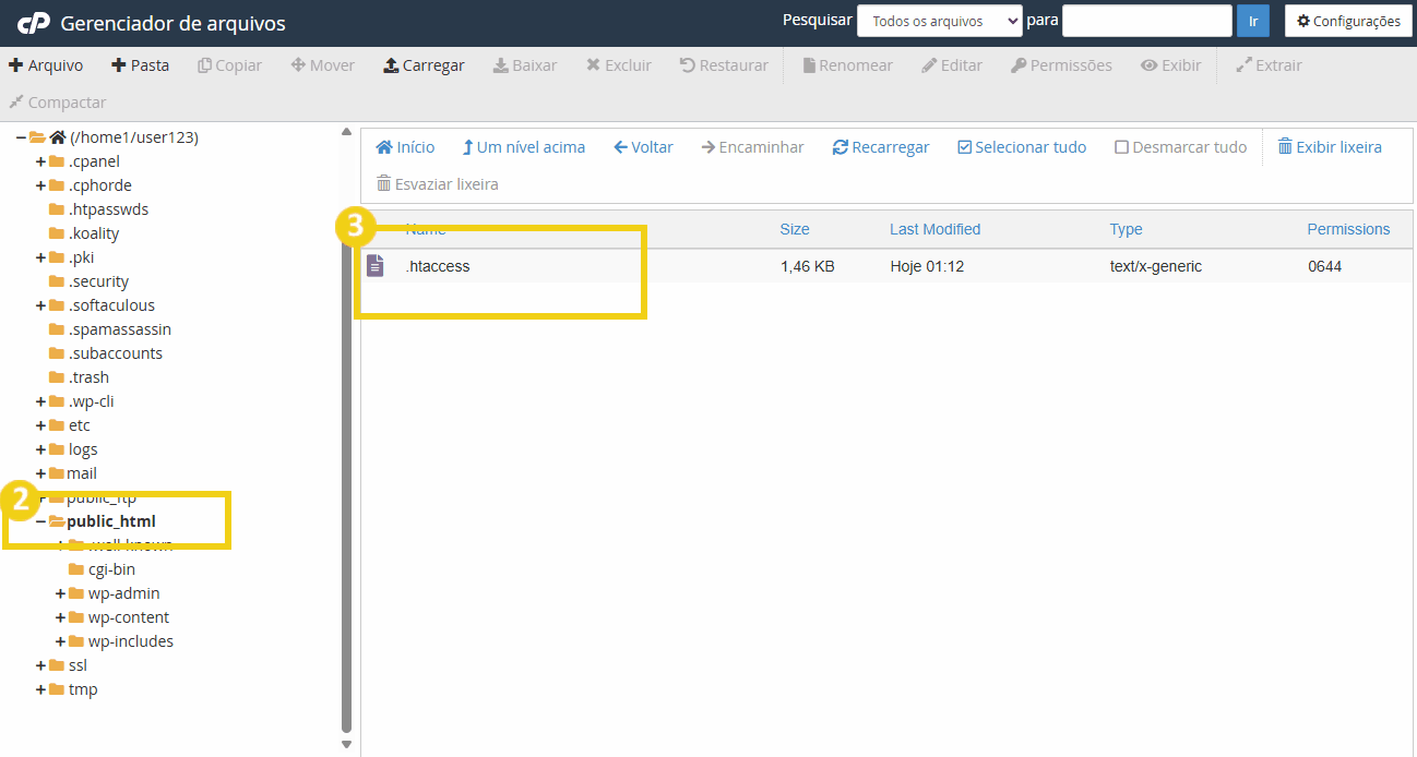 Imagem da interface do cPanel mostrando uma lista de arquivos, incluindo o arquivo .htaccess na pasta correspondente ao domínio. 