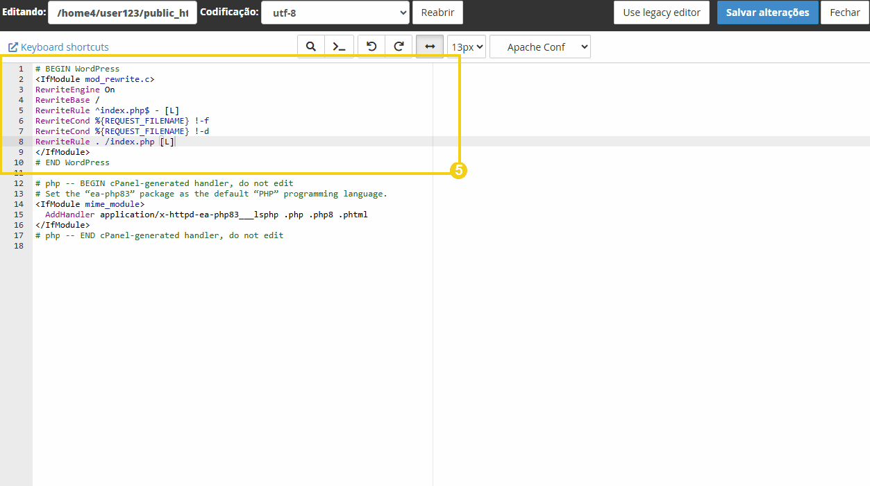 Imagem contendo trecho de código PHP da htaccess de um site, acessada pelo gerenciador de arquivos