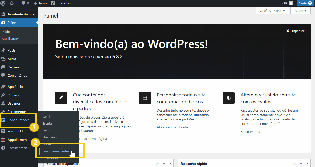 Imagem ilustrativa do painel de configurações do WordPress mostrando a opção de links permanentes no menu esquerdo.