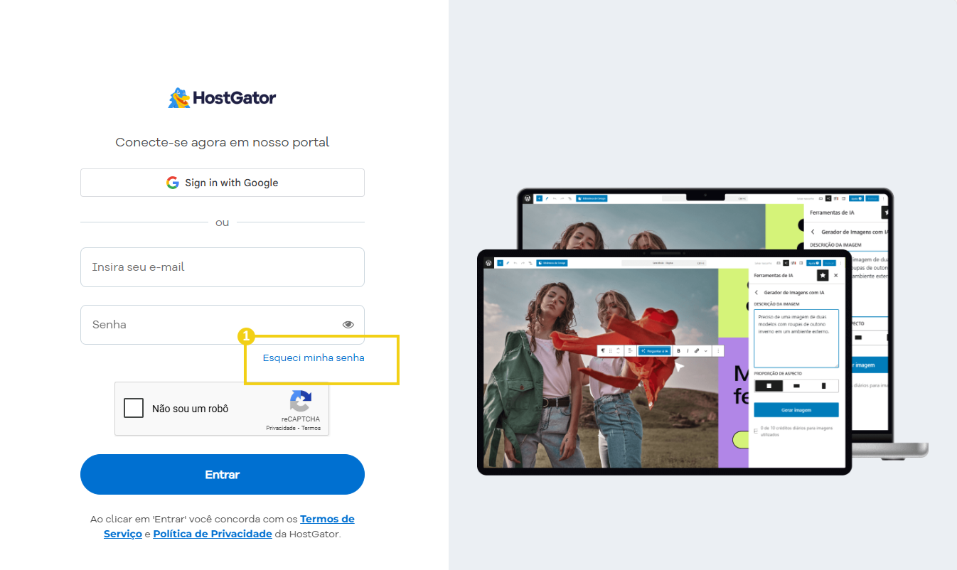 imagem mostra a tela de login do portal do cliente da HostGator