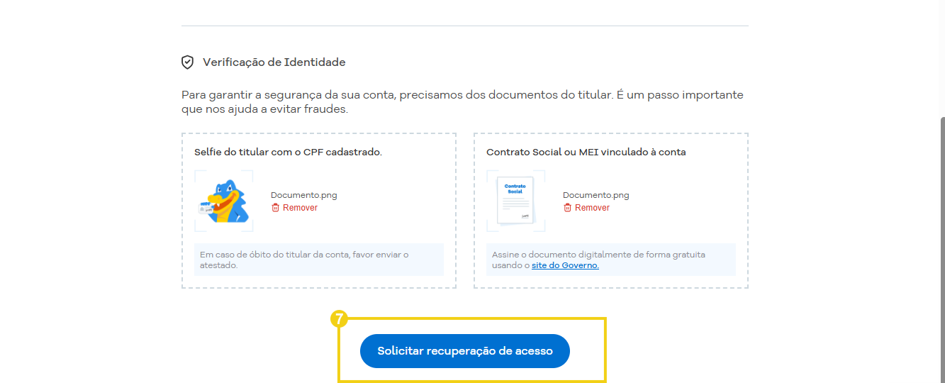 Imagem mostra que para concluir, deve-se clicar no botão "Solicitar recuperação de acesso"